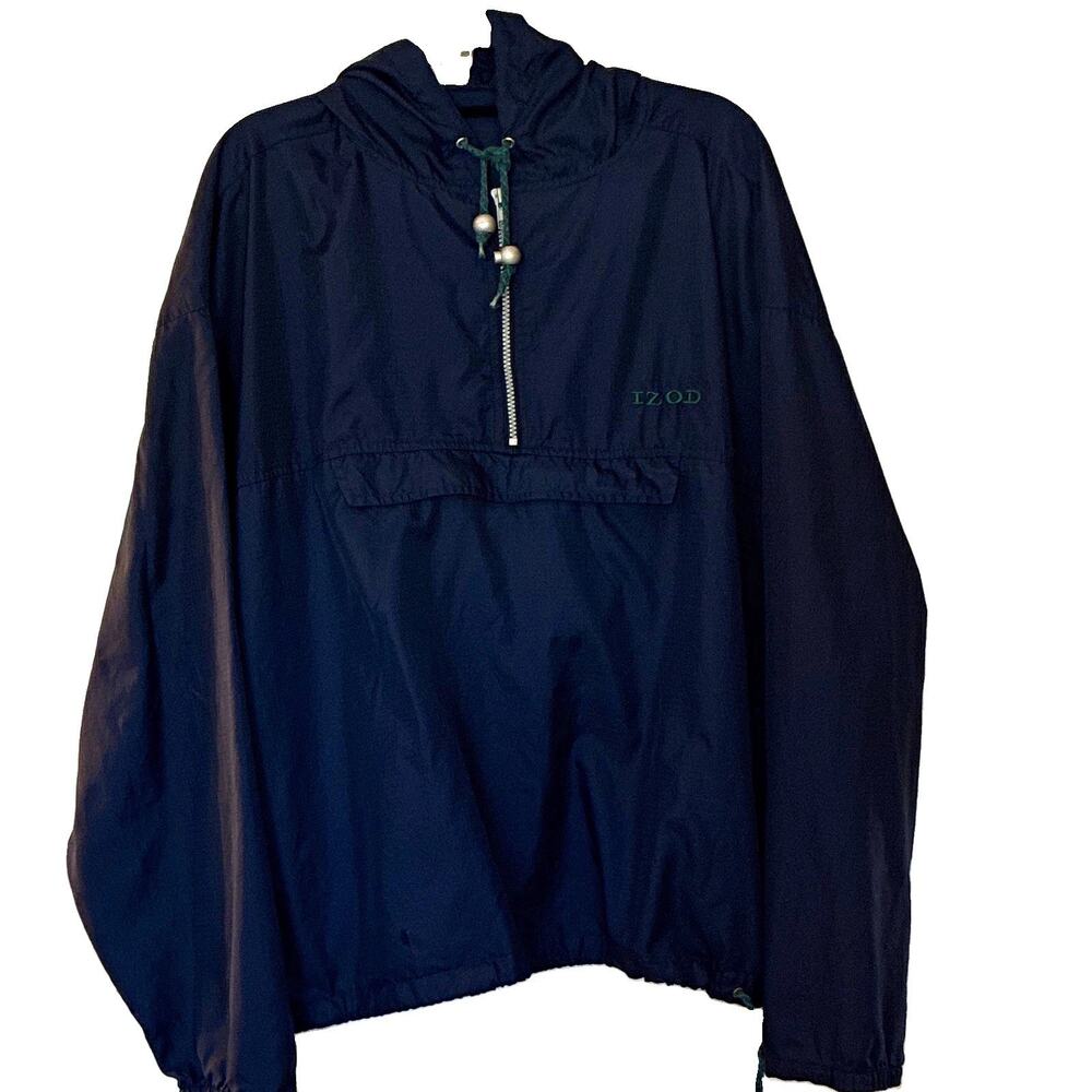 Vintage 80s IZOD Nylon Anorak Windbreaker Jacket Mens L Blue Half Zip Pullover